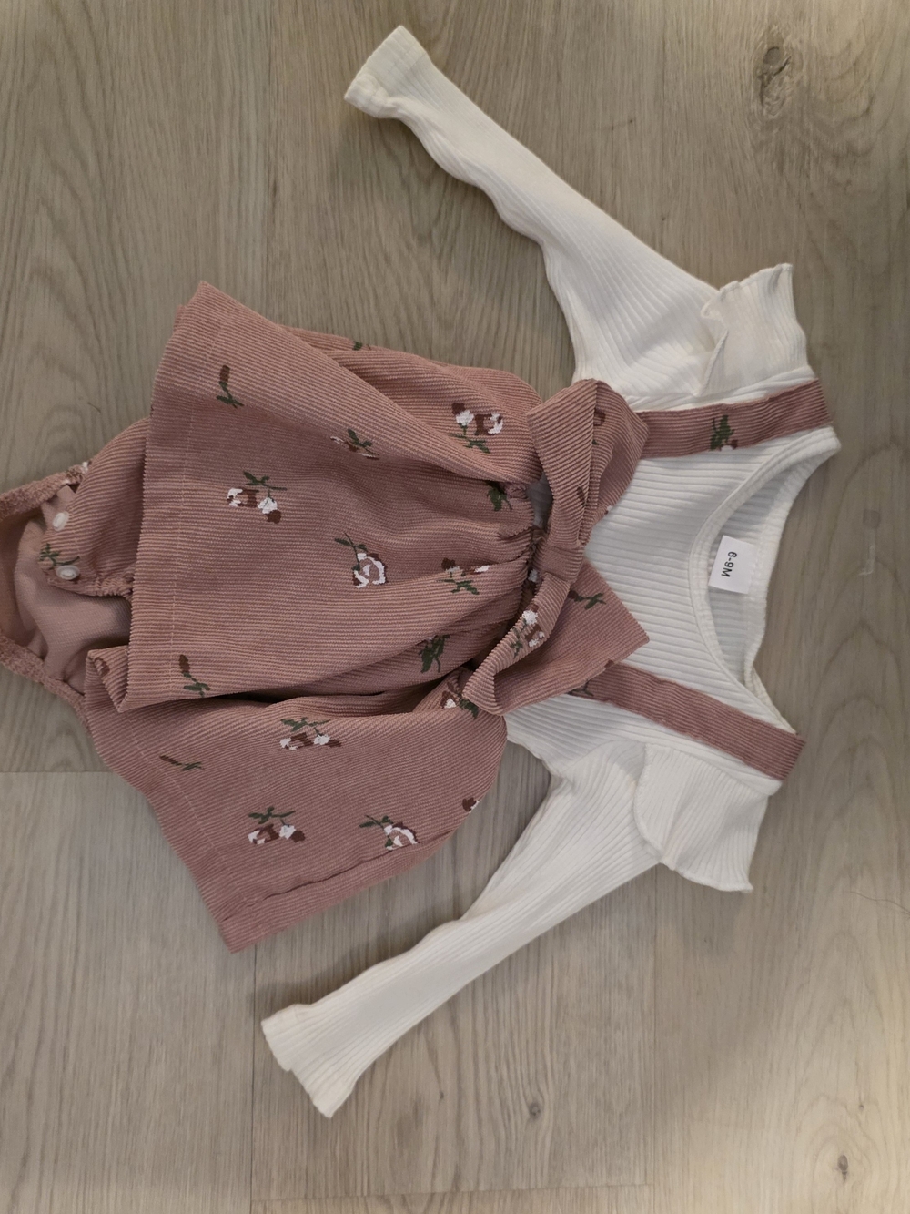 SHEIN White Ribbed Long Sleeve Top with Dusty Rose Floral Pinafore Dress